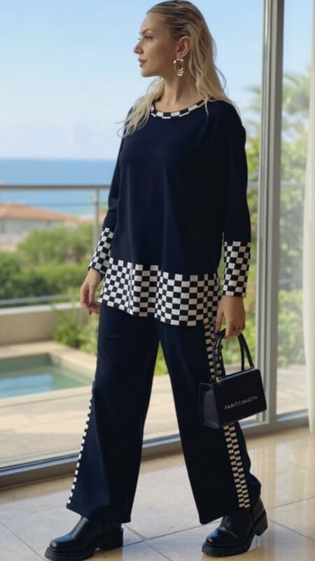 πλεκτό σετ παντελόνα με μπλούζα με καρό λεπτομέρειες