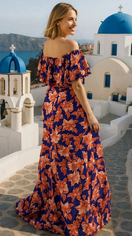 floral maxi φόρεμα έξωμο με βολάν ντεκολτέ