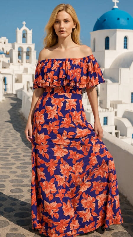 floral maxi φόρεμα έξωμο με βολάν ντεκολτέ