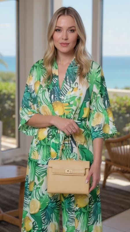 σετ 'lemon'σατινέ κιμονό με ζώνη & παντελόνι με λάστιχο