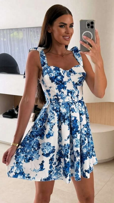 Boho Φόρεμα Mini Ραντάκι με Φιόγκους & Πιέτες