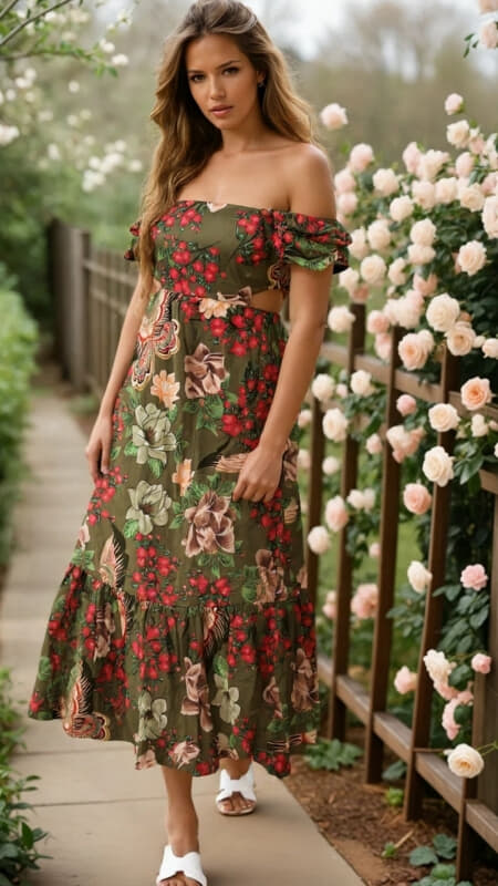 floral maxi φόρεμα cut out με βολάν