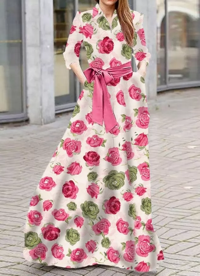 floral maxi φόρεμα με 3/4 μανίκι & ζώνη