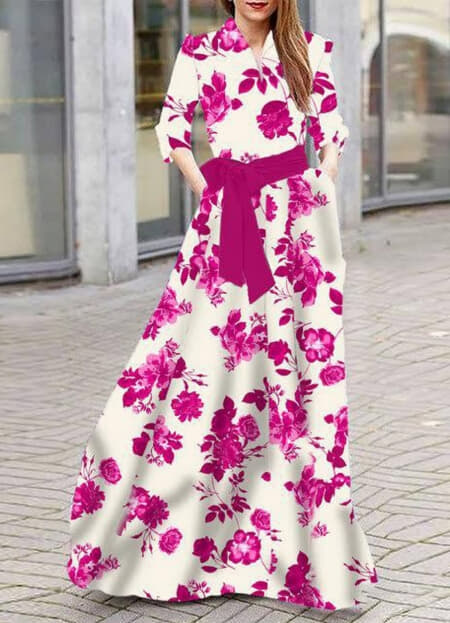 floral maxi φόρεμα με 3/4 μανίκι & ζώνη