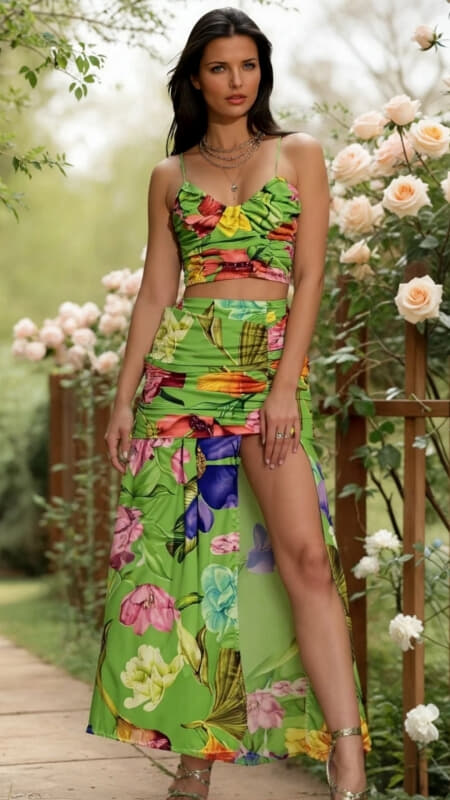 floral σετ φούστα με σκίσιμο & τοπ