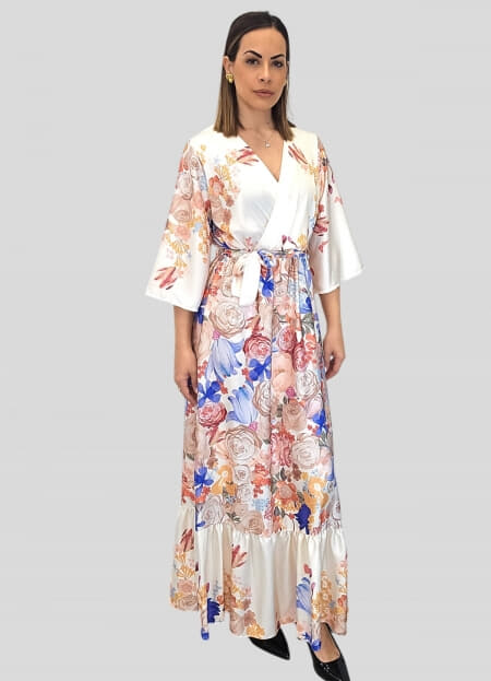 φόρεμα floral maxi σατινέ κρουαζέ με ζώνη