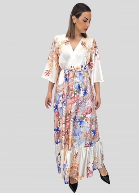 φόρεμα floral maxi σατινέ κρουαζέ με ζώνη