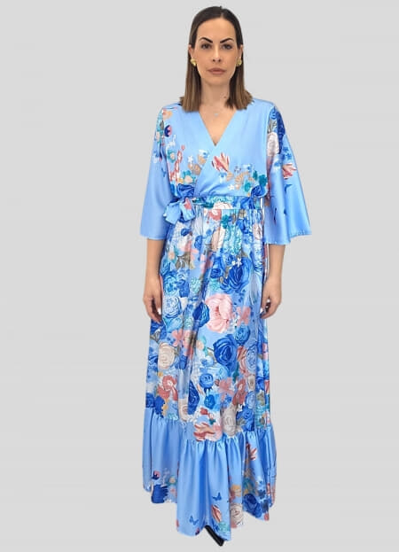 φόρεμα floral maxi σατινέ κρουαζέ με ζώνη