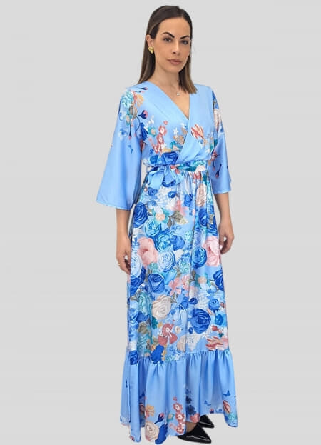 φόρεμα floral maxi σατινέ κρουαζέ με ζώνη