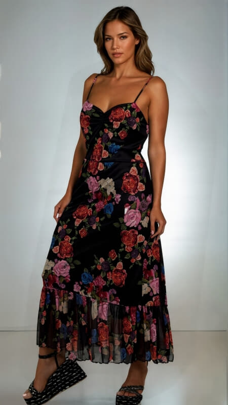 φόρεμα floral με σούρα στο στήθος τιράντες & βολάν