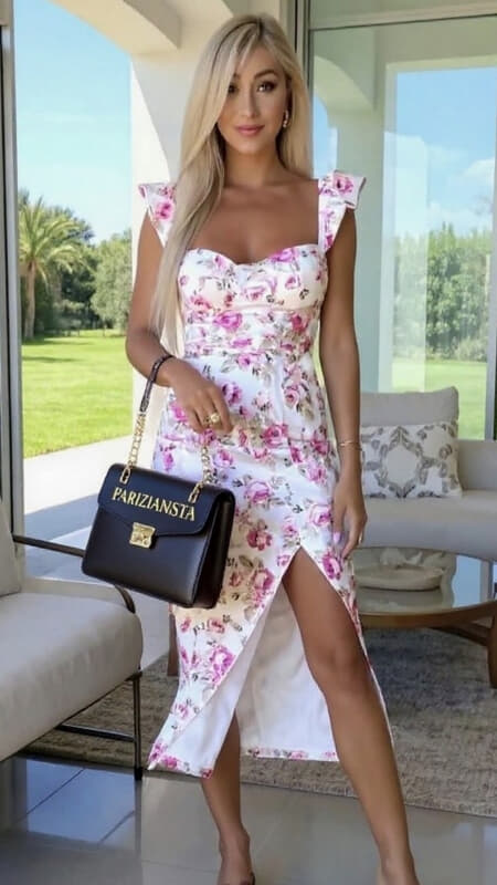 φόρεμα floral midi με βολάν στις τιράντες & σκίσιμο