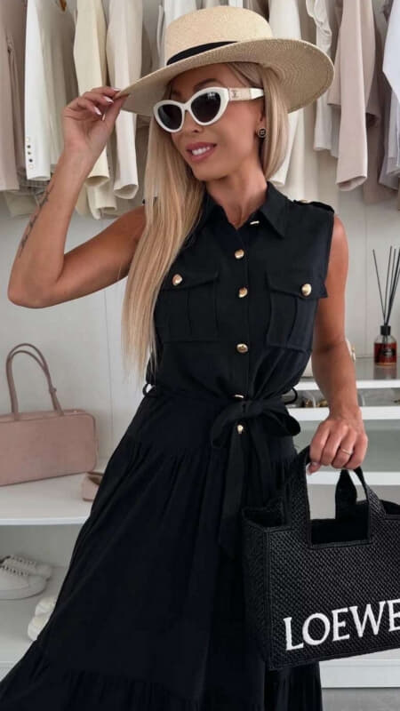 φόρεμα maxi αμάνικο με κουμπιά & ζώνη