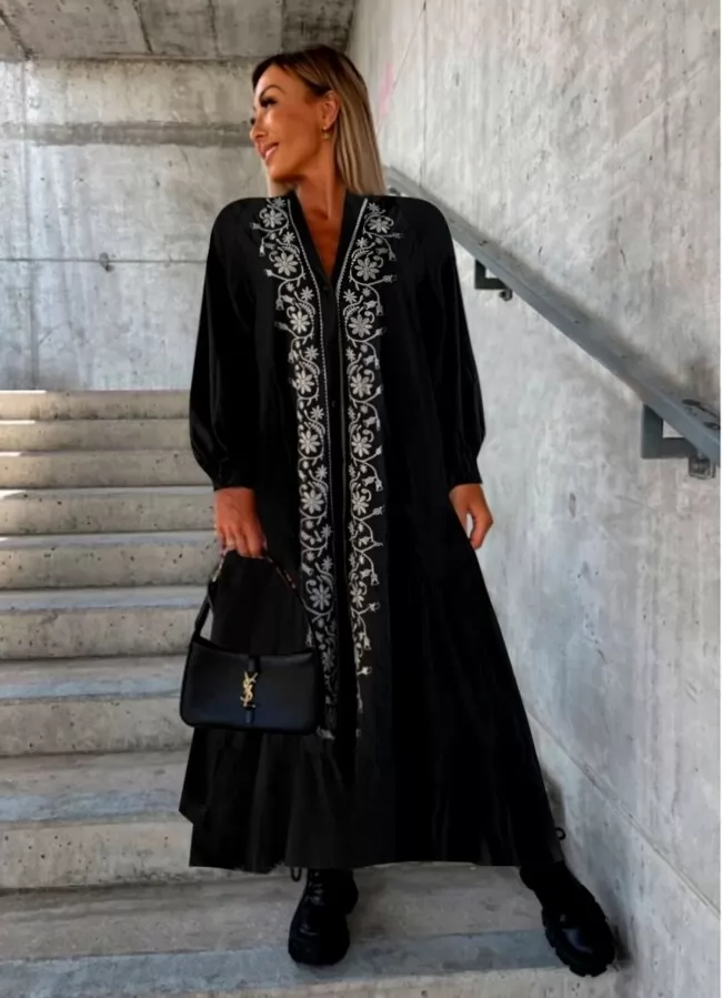 Parizianista φόρεμα maxi ballon με κουμπιά & κέντημα - Μαύρο