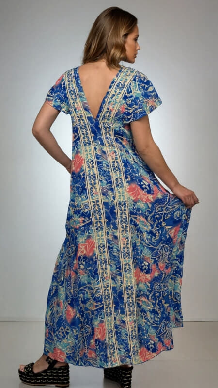 φόρεμα maxi boho κοντομάνικο με V ντεκολτέ & πλάτη