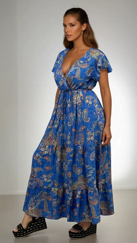φόρεμα maxi boho κρουαζέ & βολάν μανίκι