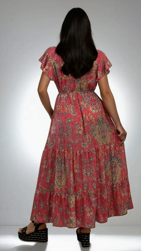 φόρεμα maxi boho κρουαζέ & βολάν μανίκι