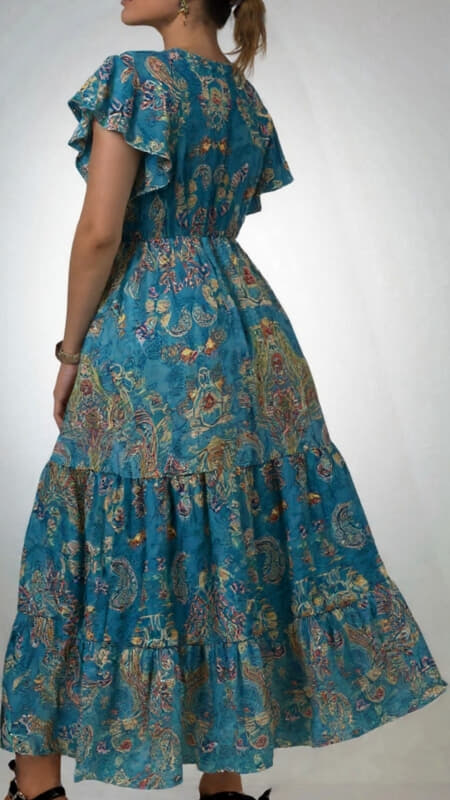 φόρεμα maxi boho κρουαζέ & βολάν μανίκι