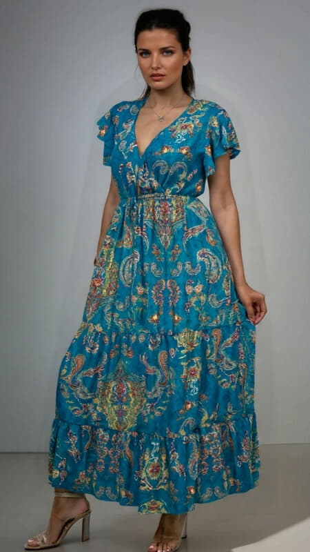 φόρεμα maxi boho κρουαζέ & βολάν μανίκι