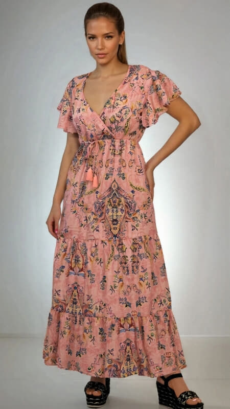 φόρεμα maxi boho κρουαζέ & βολάν μανίκι