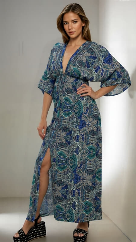 φόρεμα maxi boho με εντυπωσιακό ντεκολτέ & φαρδιά μανίκια