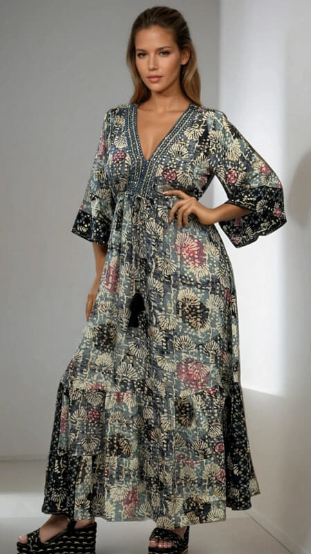 φόρεμα maxi boho με καμπάνα μανίκι & λάμψη στο ντεκολτέ