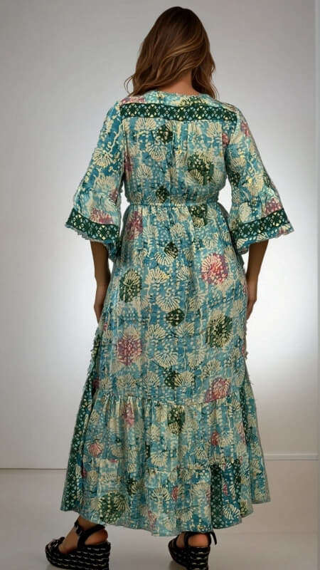 φόρεμα maxi boho με καμπάνα μανίκι & λάμψη στο ντεκολτέ