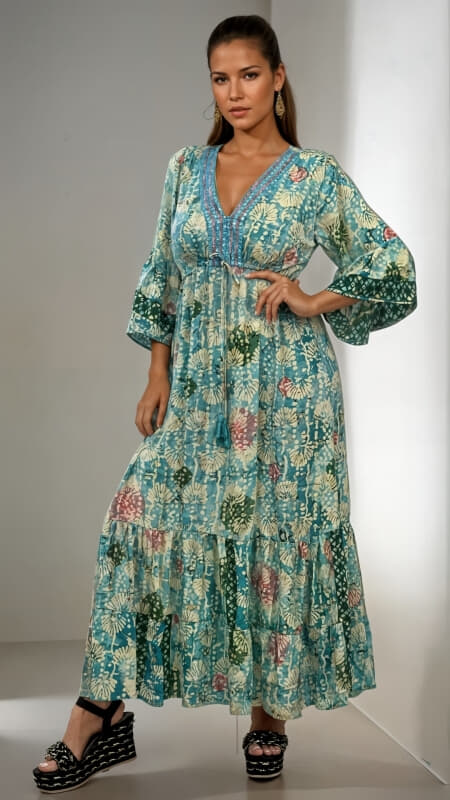 φόρεμα maxi boho με καμπάνα μανίκι & λάμψη στο ντεκολτέ