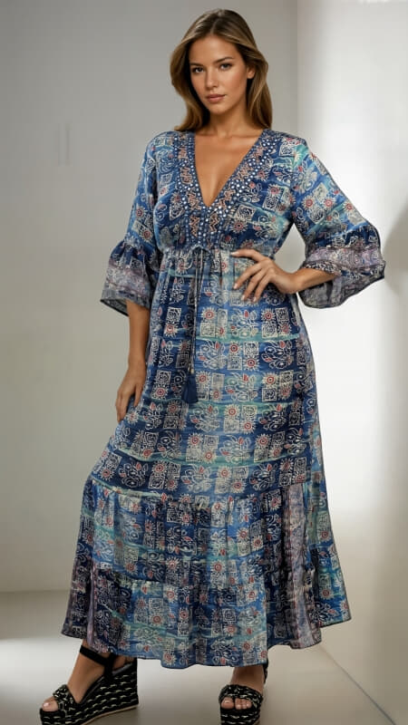 φόρεμα maxi boho με καμπάνα μανίκι & λάμψη στο ντεκολτέ