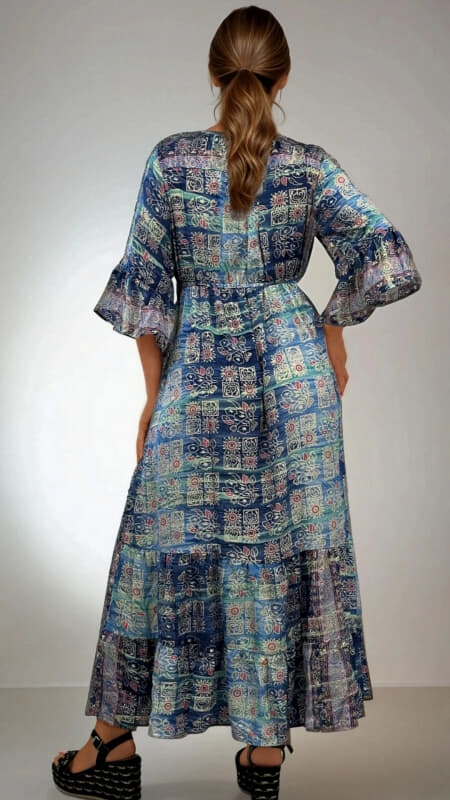φόρεμα maxi boho με καμπάνα μανίκι & λάμψη στο ντεκολτέ