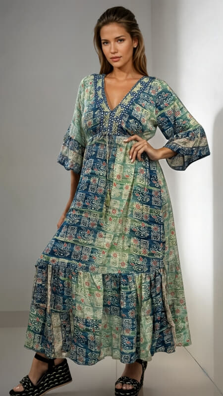 φόρεμα maxi boho με καμπάνα μανίκι & λάμψη στο ντεκολτέ