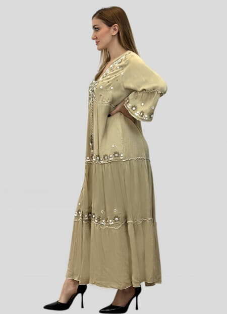 φόρεμα maxi boho με κορδόνι στο ντεκολτέ & βολάν στο τελείωμα