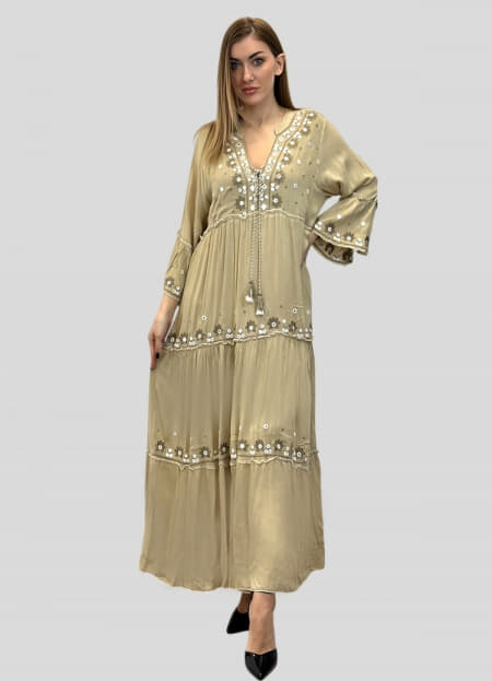 φόρεμα maxi boho με κορδόνι στο ντεκολτέ & βολάν στο τελείωμα