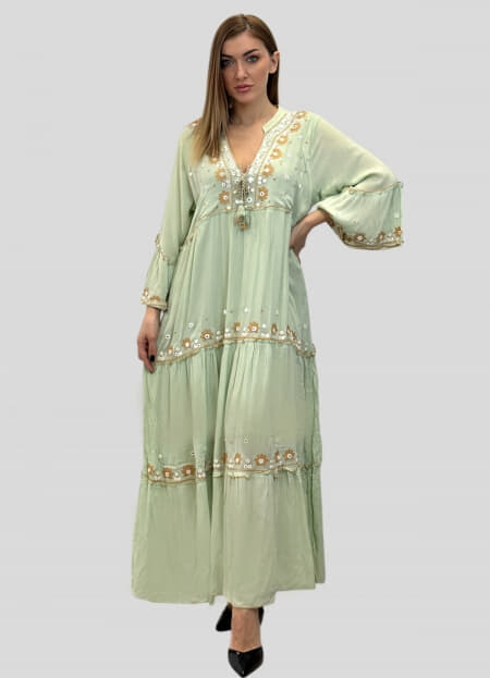 φόρεμα maxi boho με κορδόνι στο ντεκολτέ & βολάν στο τελείωμα
