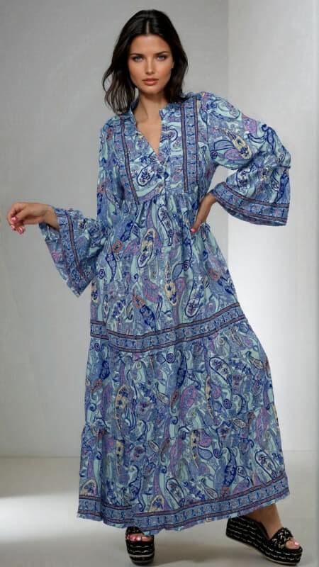 φόρεμα maxi boho me κουμπάκια στο μπούστο & μανίκι μακρύ καμπάνα