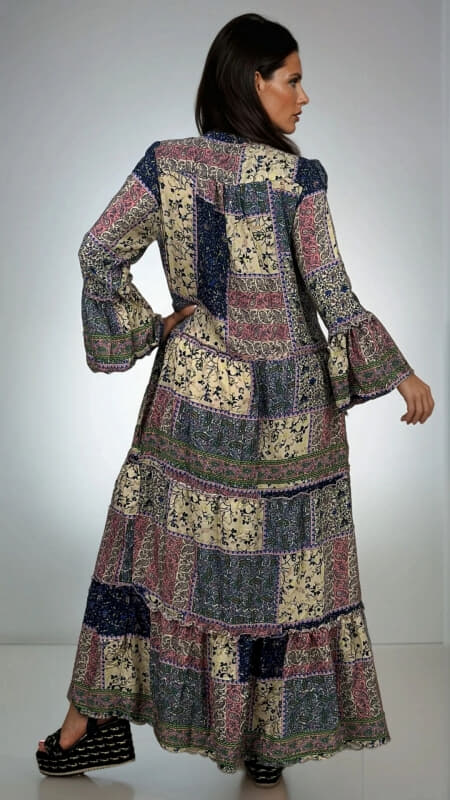 φόρεμα maxi boho me κουμπάκια στο μπούστο & μανίκι μακρύ καμπάνα