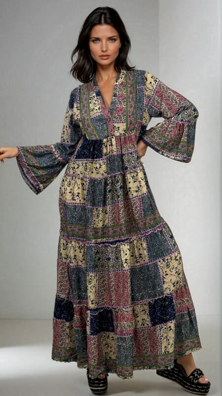 φόρεμα maxi boho me κουμπάκια στο μπούστο & μανίκι μακρύ καμπάνα