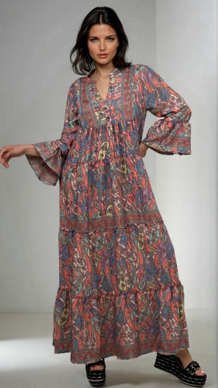 φόρεμα maxi boho me κουμπάκια στο μπούστο & μανίκι μακρύ καμπάνα