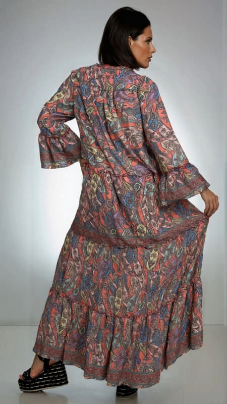 φόρεμα maxi boho me κουμπάκια στο μπούστο & μανίκι μακρύ καμπάνα