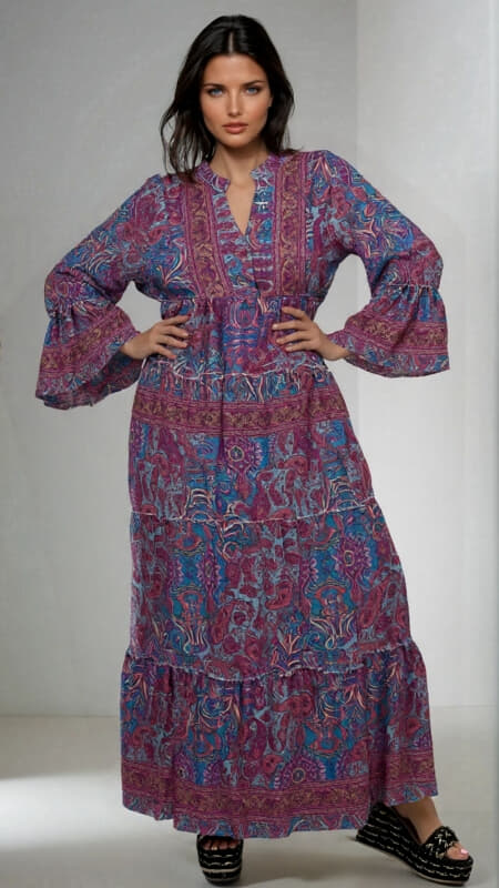 φόρεμα maxi boho me κουμπάκια στο μπούστο & μανίκι μακρύ καμπάνα