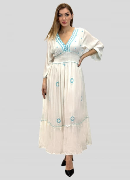 φόρεμα maxi boho με λάστιχο σφηκοφωλιά στην μέση & βολάν στο τελείωμα