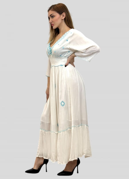 φόρεμα maxi boho με λάστιχο σφηκοφωλιά στην μέση & βολάν στο τελείωμα