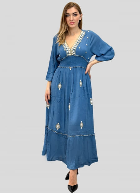 φόρεμα maxi boho με λάστιχο σφηκοφωλιά στην μέση & βολάν στο τελείωμα