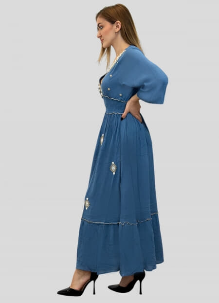 φόρεμα maxi boho με λάστιχο σφηκοφωλιά στην μέση & βολάν στο τελείωμα