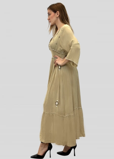 φόρεμα maxi boho με λάστιχο σφηκοφωλιά στην μέση & βολάν στο τελείωμα