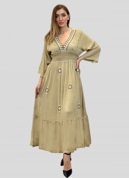 φόρεμα maxi boho με λάστιχο σφηκοφωλιά στην μέση & βολάν στο τελείωμα