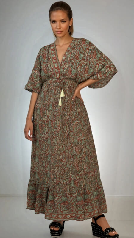 φόρεμα maxi boho με V ντεκολτέ & φαρδιά μανίκια