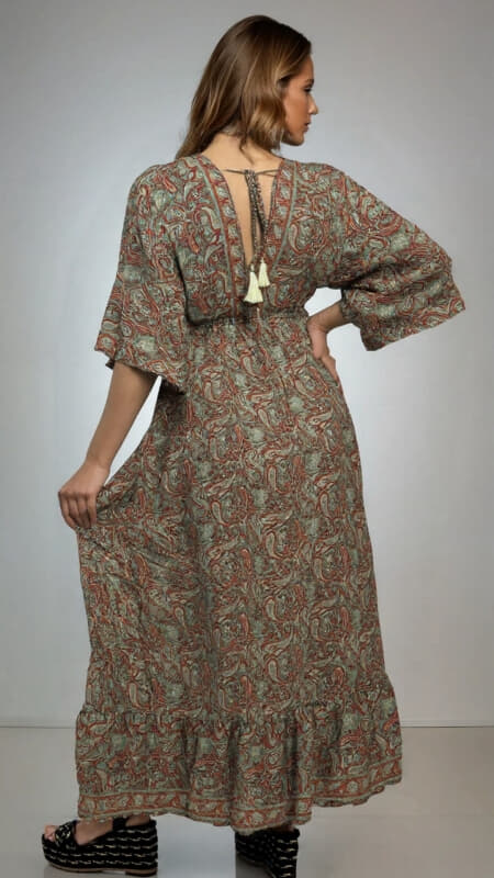 φόρεμα maxi boho με V ντεκολτέ & φαρδιά μανίκια