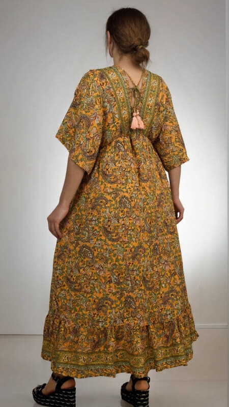 φόρεμα maxi boho με V ντεκολτέ & φαρδιά μανίκια