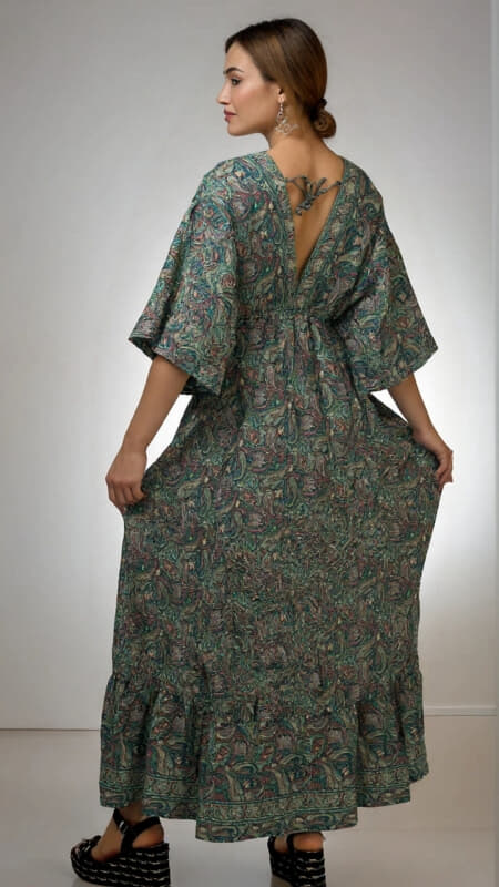 φόρεμα maxi boho με V ντεκολτέ & φαρδιά μανίκια