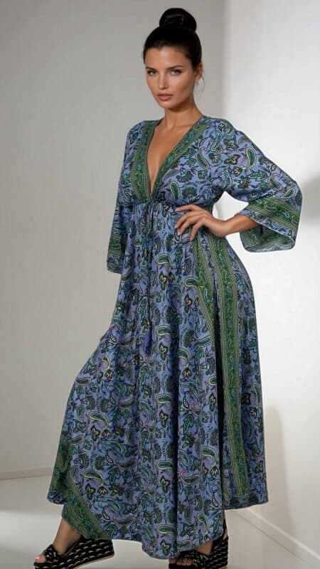 φόρεμα maxi boho με V ντεκολτέ & φαρδύ μανίκι